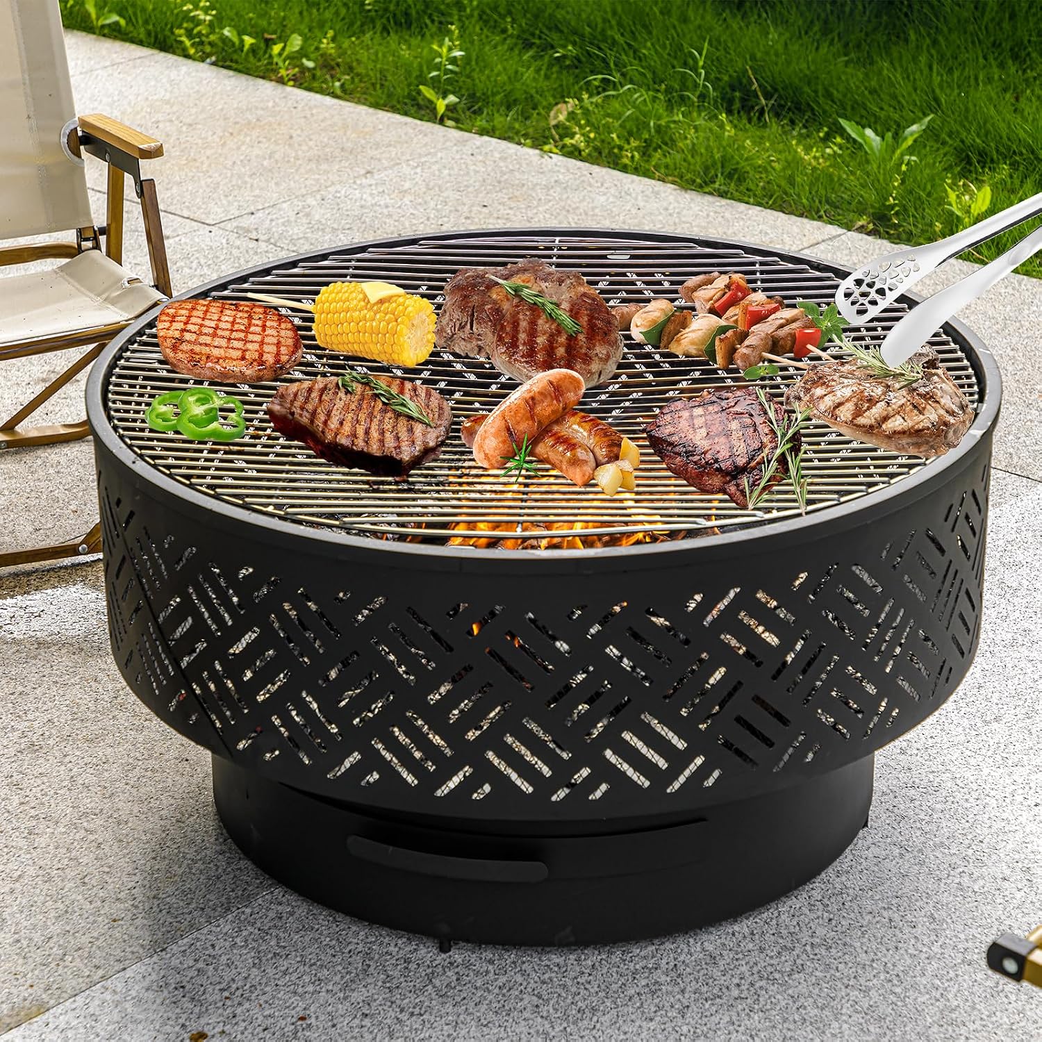 32 Inch Round Metal Wood Burni - Outdoor Camping Cooking Table review and price